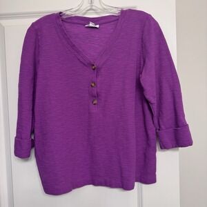 J. Jill Purple Button Front Cotton Knit Top M Petite‎ 3/4 Sleeve Textured